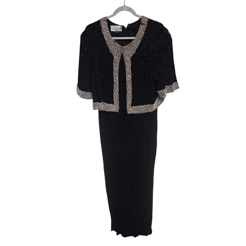 80s Vintage Laurence Kazar Black Beaded Dress Jacket Set Formal Occasion Evening